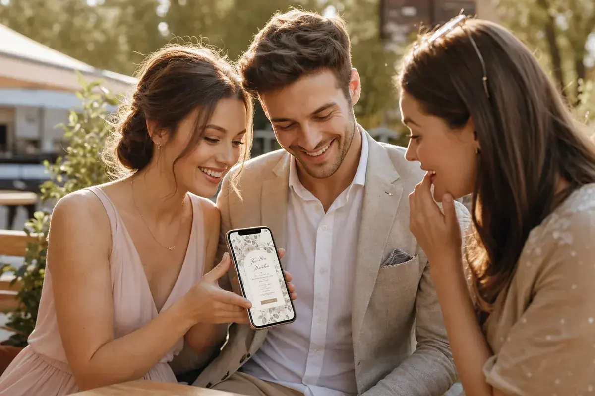 Młoda para pokazuje znajomemu cyfrowe zaproszenie ślubne na telefonie