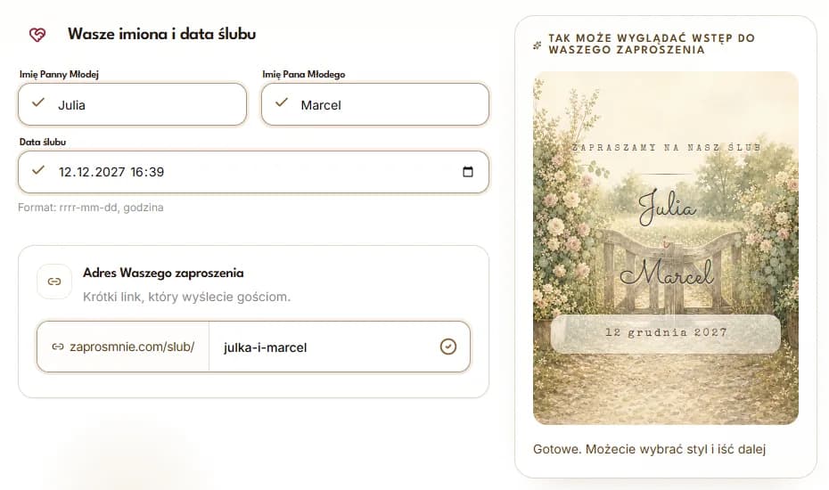 Edytor kreatora z imionami pary, datą ślubu i podglądem zaproszenia na żywo